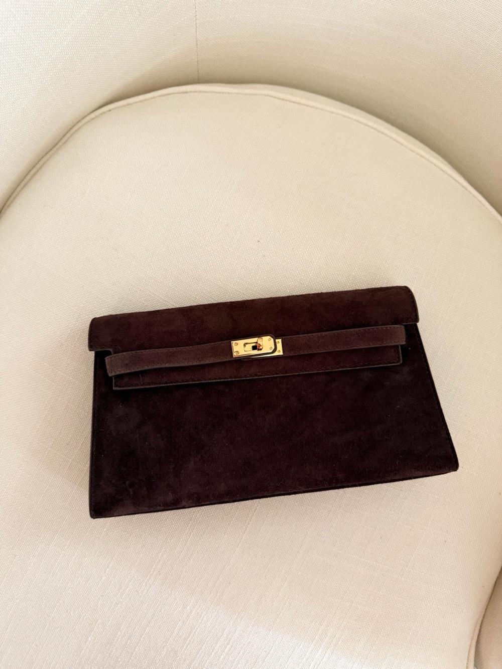 Suede Clutch in Dark Brown with Gold-Tone Hardware